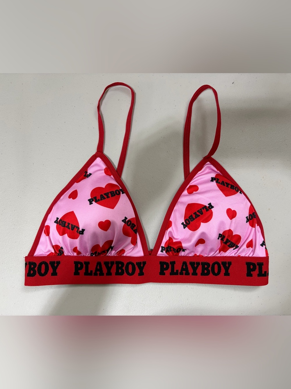 PLAYBOY Pink & Red Heart Print Triangle Bralette NWOT
